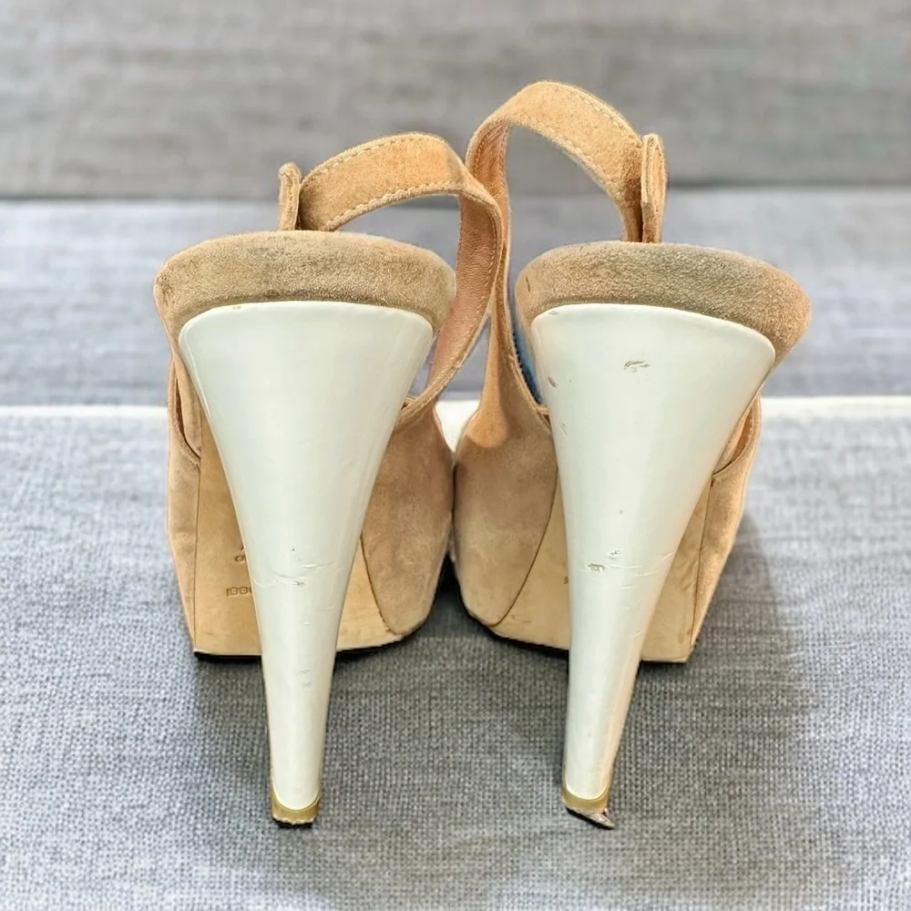 Sergio Rossi ‘Agathe’ Tan Suede & White Patent Peep Toe Slingback Heels Size 7.5